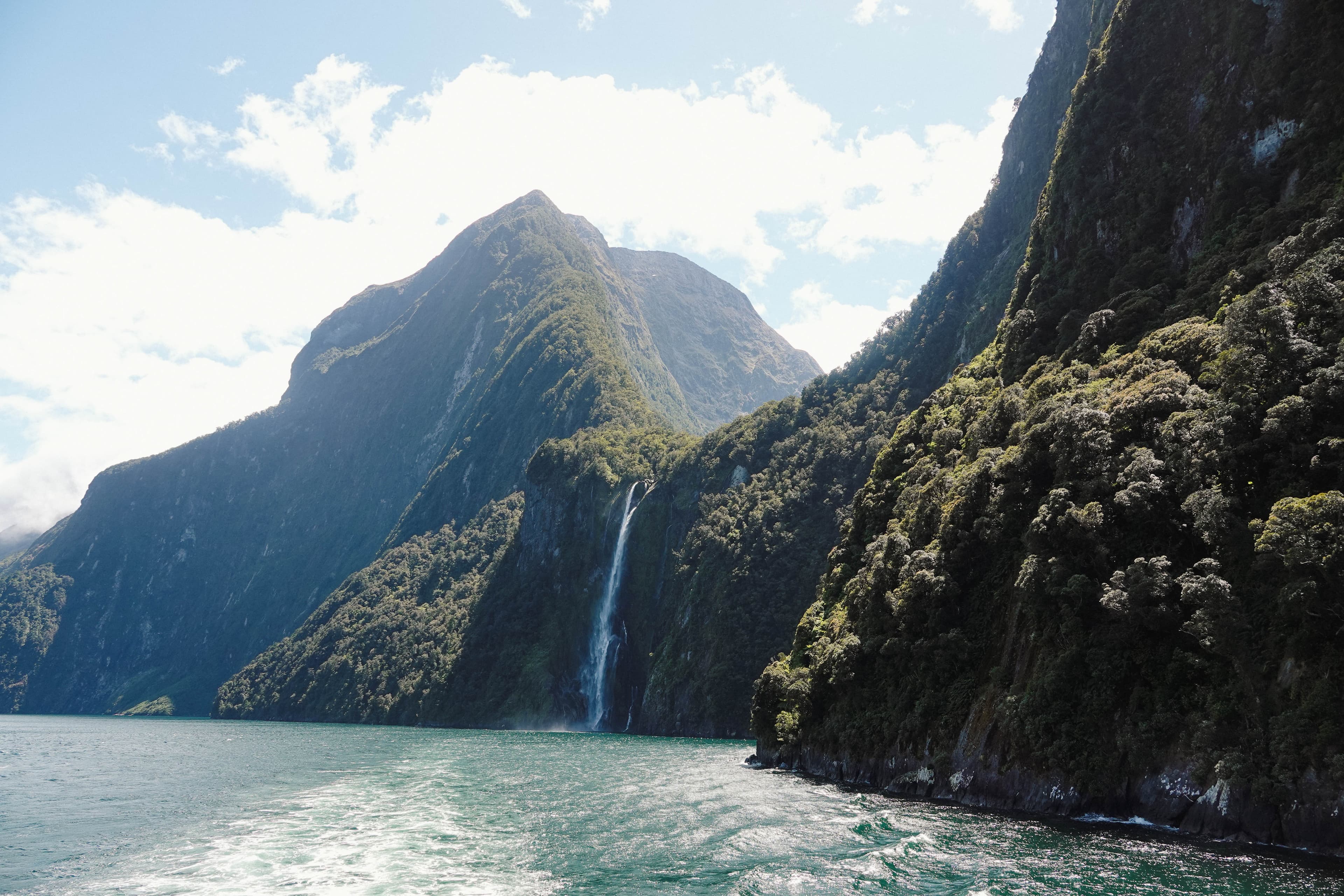 Dramatic landscape of Fiordland National Park with towering peaks